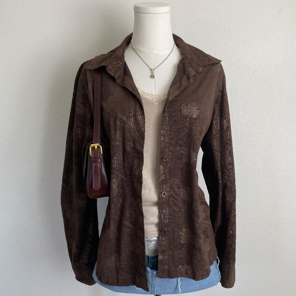 Chicos Brown Long Sleeve Collared Leaf Print Button Up Blouse Shirt